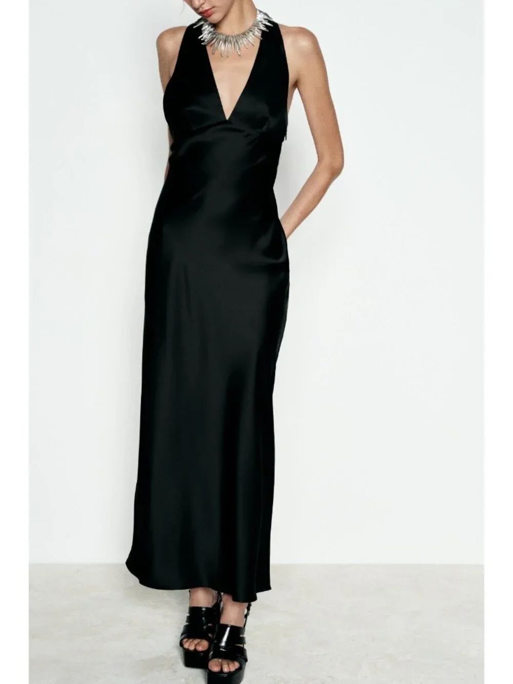 Zara Womens Midi Dress XL Black Satin Crossback Sleeveless Cocktail 8226/748 NWT